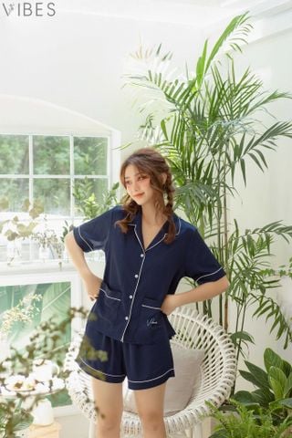 Pijama ngắn lụa trơn Navy Silk Py Set