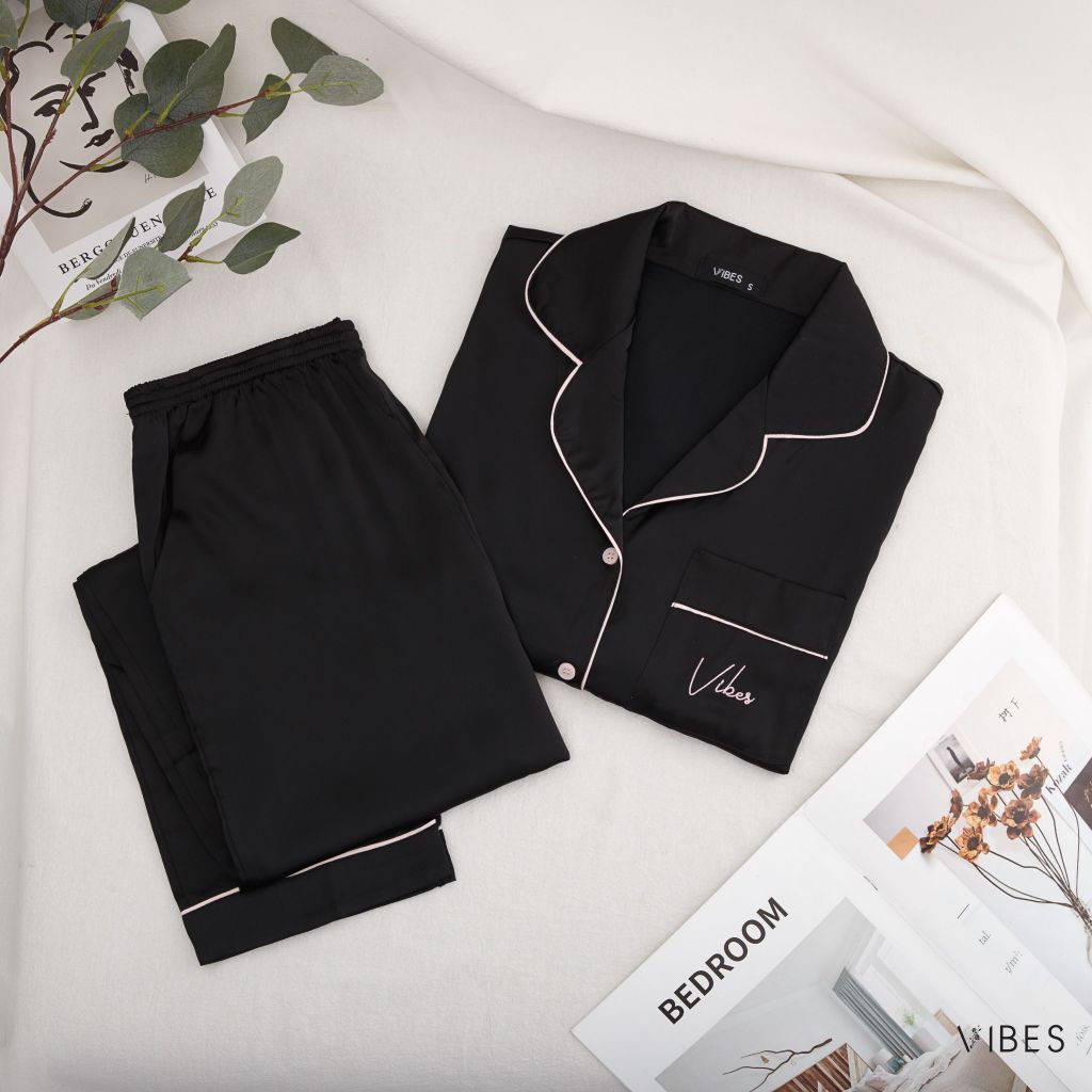 Pijama dài lụa trơn Ink Long Py Set