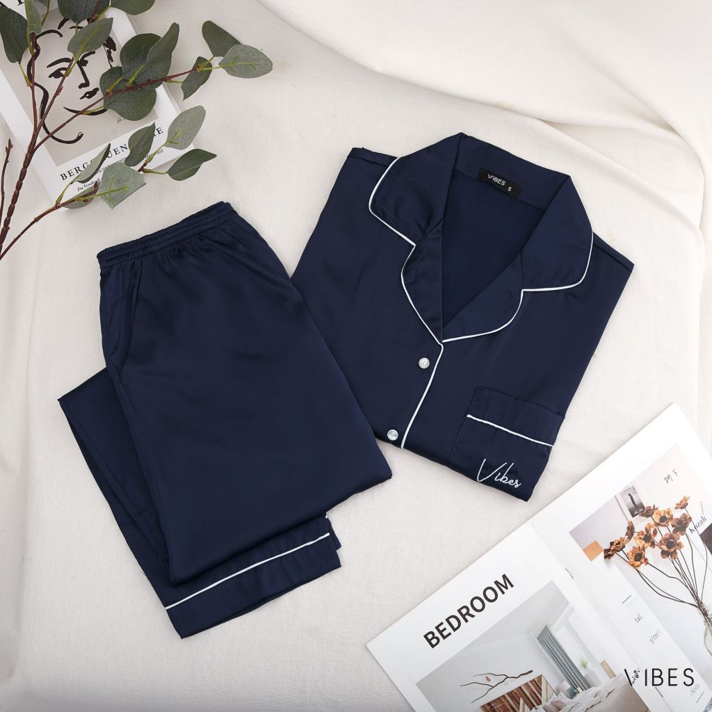 Pijama dài lụa trơn Navy Long Py Set (phom 2025)