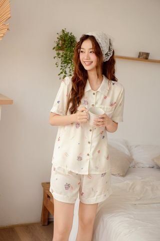 Pijama ngắn Lụa gấm Sweet Py Set in White