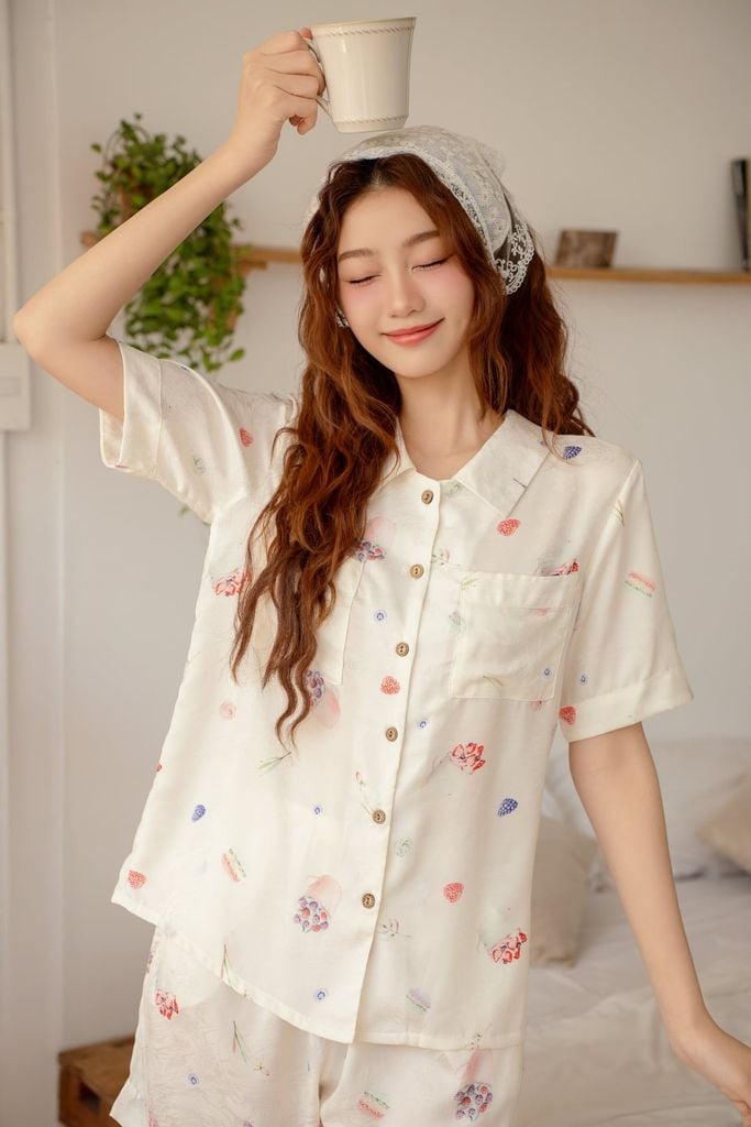 Pijama ngắn Lụa gấm Sweet Py Set in White