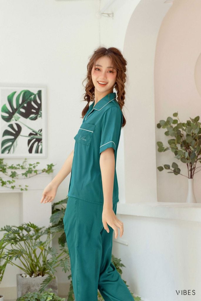Pijama dài lụa trơn Teal Long Py Set
