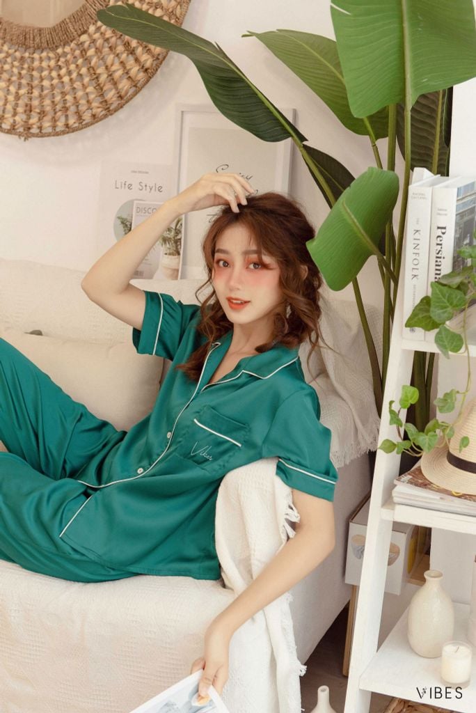 Pijama dài lụa trơn Teal Long Py Set