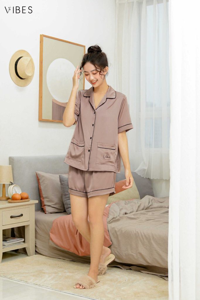 Pijama ngắn lụa trơn Wood Silk Py Set
