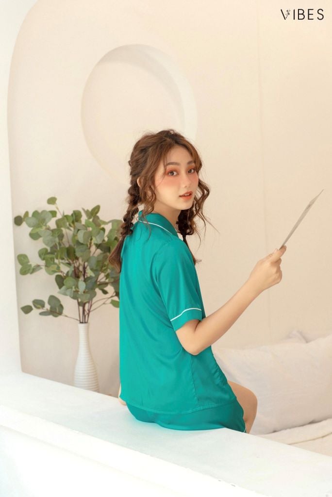 Pijama ngắn lụa trơn Teal Silk Py Set