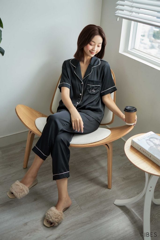 Pijama dài lụa trơn Ink Long Py Set