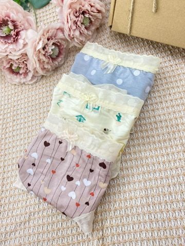 Quần lót cotton giấy chấm bi phối viền ren P028