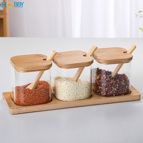 Combo 3 hũ thủy tinh nắp gỗ đựng gia vị Hobby home decor GVV1 có muỗng