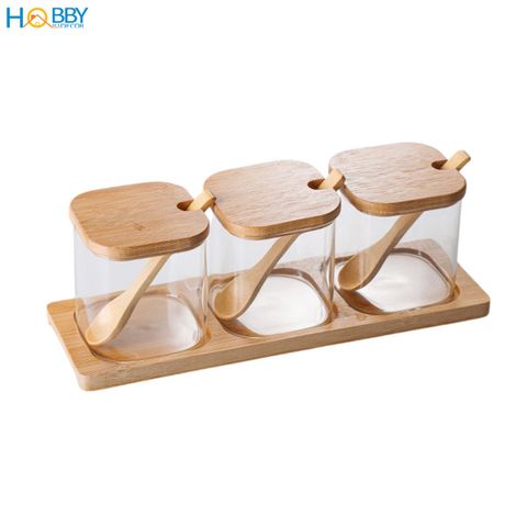 Combo 3 hũ thủy tinh nắp gỗ đựng gia vị Hobby home decor GVV1 có muỗng