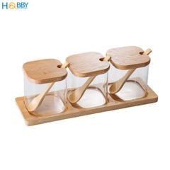 Combo 3 hũ thủy tinh nắp gỗ đựng gia vị Hobby home decor GVV1 có muỗng