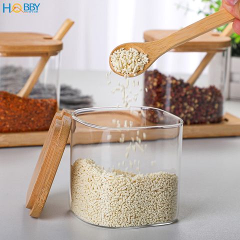 Combo 3 hũ thủy tinh nắp gỗ đựng gia vị Hobby home decor GVV1 có muỗng