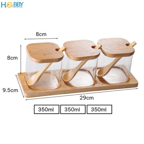 Combo 3 hũ thủy tinh nắp gỗ đựng gia vị Hobby home decor GVV1 có muỗng
