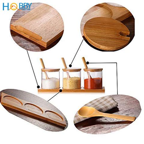 Bộ 3 hũ thủy tinh nắp gỗ đựng gia vị có nắp muỗng Hobby Home Decor VTD