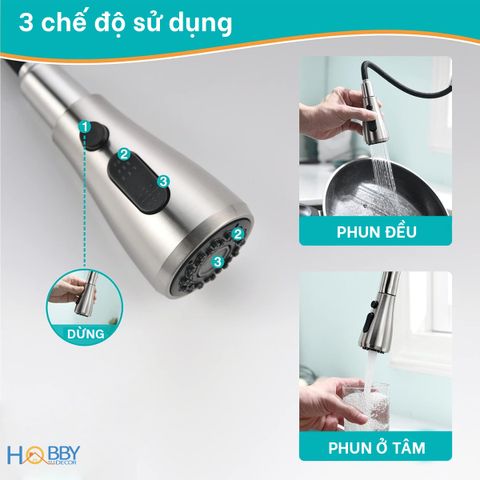 Vòi rửa chén nóng lạnh inox 304 dây rút 3 chế độ Hobby home decor VDR10