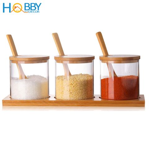 Bộ 3 hũ thủy tinh nắp gỗ đựng gia vị có nắp muỗng Hobby Home Decor VTD