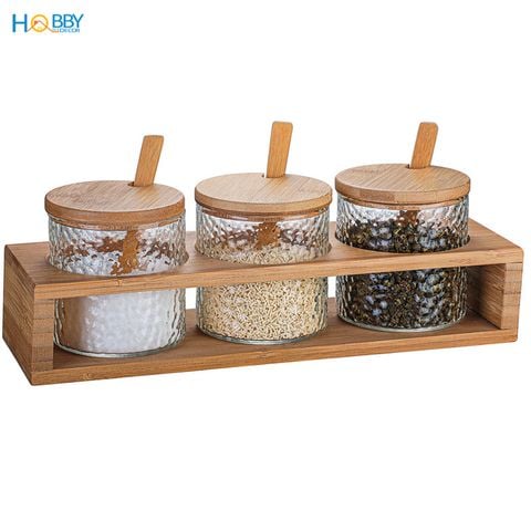 Combo 3 hủ gia vị thủy tinh khay gỗ tre kèm muỗng HOBBY 3TT - loại thủy tinh xần xù chống trượt - dung tích lọ 180ml