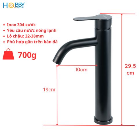 Vòi rửa mặt nóng lạnh mẫu cao inox 304 sơn đen Hobby home decor VRM8