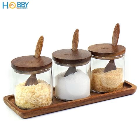 Combo 3 hủ gia vị thủy tinh có khay gỗ muỗng Hobby Home Decor HGV3D
