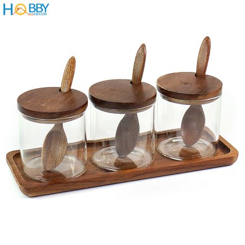Combo 3 hủ gia vị thủy tinh kèm khay muỗng Hobby Home Decor HGV3D bằng gỗ keo - dung tích mỗi lọ 280ml