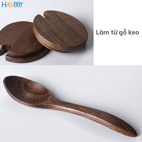 Combo 3 hủ gia vị thủy tinh kèm khay muỗng Hobby Home Decor HGV3D bằng gỗ keo - dung tích mỗi lọ 280ml