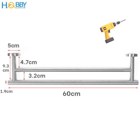 Giá treo khăn tắm quần áo có 2 thanh inox 304 Hobby Home Decor 2TT60