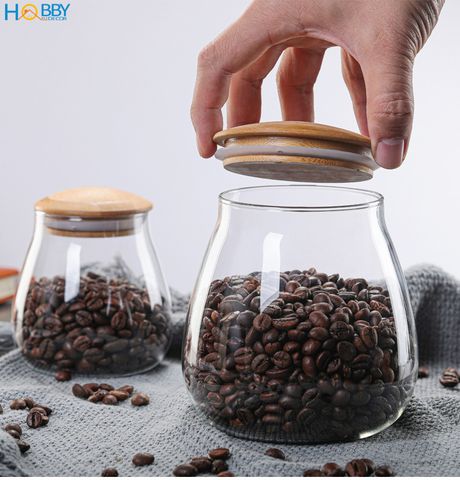 Hủ thủy tinh đựng hạt nắp gỗ tre hình bầu Hobby home decor HBG dung tích tùy chọn