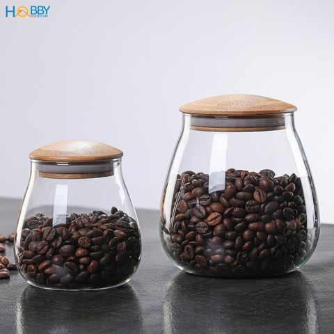 Hủ thủy tinh đựng hạt nắp gỗ tre hình bầu Hobby home decor HBG dung tích tùy chọn