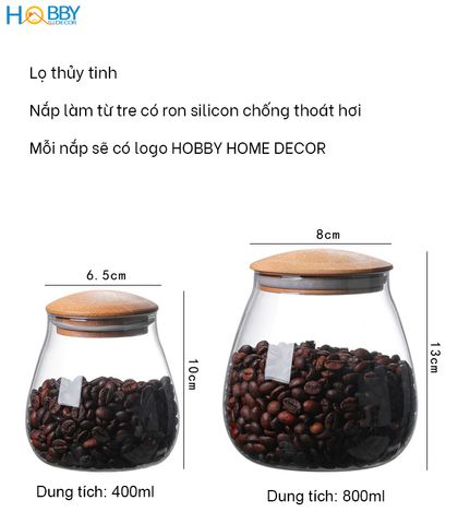Hủ thủy tinh đựng hạt nắp gỗ tre hình bầu Hobby home decor HBG dung tích tùy chọn