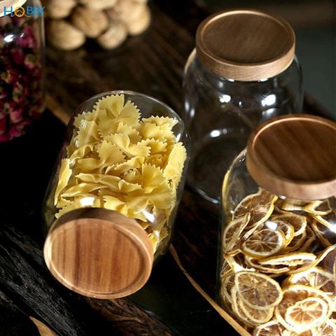 Hũ thủy tinh nắp gỗ ron kín decor bếp HOBBY Home Decor HUNG1 1250ml