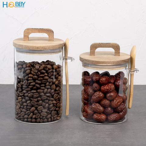Hũ thuỷ tinh nắp gỗ có muỗng ron cao su Hobby home decor LTT3 dung tích tuỳ chọn