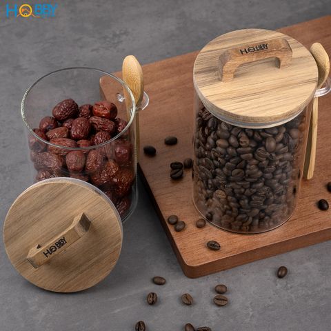 Hũ thuỷ tinh nắp gỗ có muỗng ron cao su Hobby home decor LTT3 dung tích tuỳ chọn
