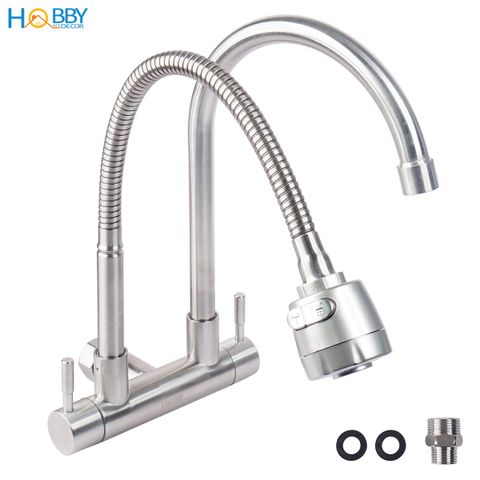 Vòi rửa chén gắn tường 2 đầu lạnh tăng áp Hobby Home Decor G2LX Inox 304 không rỉ sét