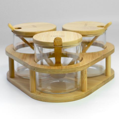 Bộ 3 hủ thủy tinh đựng gia vị khay gỗ Hobby Home Decor VTG có muỗng