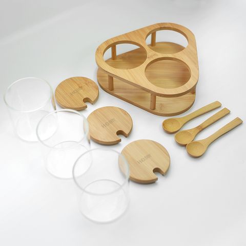 Bộ 3 hủ thủy tinh đựng gia vị khay gỗ Hobby Home Decor VTG có muỗng