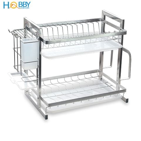 Kệ chén đa năng 2 tầng inox 304 Hobby Home Decor KC2T có khay hứng nước, ống đũa, giá treo thớt không rỉ sét