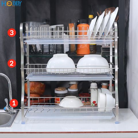 Kệ chén 3 tầng Inox 304 Hobby home decor KC3T cao cấp có khay nhựa hứng nước