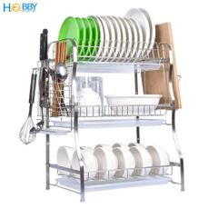 Kệ chén 3 tầng Inox 304 Hobby home decor KC3T cao cấp có khay nhựa hứng nước