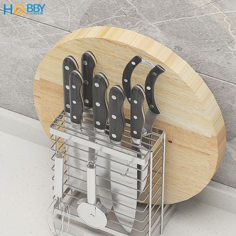 Kệ cắm dao keo thớt có 3 móc treo đồ inox 304 Hobby Home Decor DD2N3