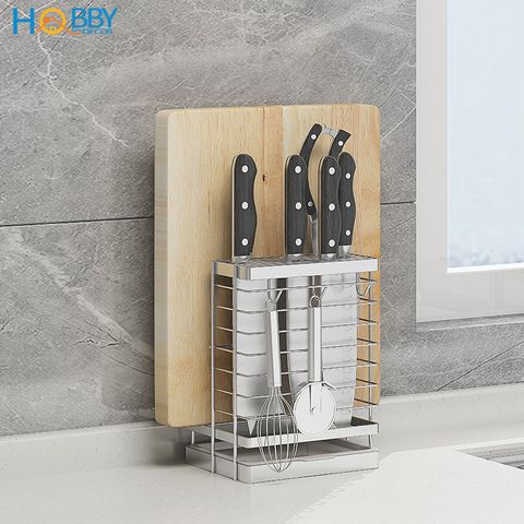 Kệ cắm dao keo thớt có 3 móc treo đồ inox 304 Hobby Home Decor DD2N3