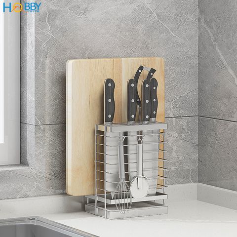 Kệ cắm dao keo thớt có 3 móc treo đồ inox 304 Hobby Home Decor DD2N3