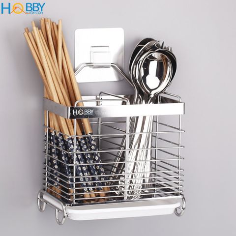 Kệ đựng đũa muỗng 3 ngăn có móc treo dán tường Hobby Home Decor DM04