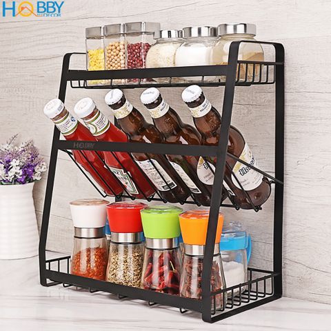 Kệ đựng gia vị chai lọ nhà bếp 3 tầng sơn đen Hobby home decor 3TD
