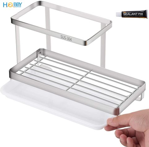 Kệ rổ đựng dụng cụ rửa chén có thanh treo khăn bếp Inox 304 kèm keo dán tường- mẫu lớn  HOBBY KRC2