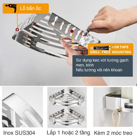 Kệ góc nhà tắm dán tường inox 304 bóng có keo dán Hobby Home Decor KG1