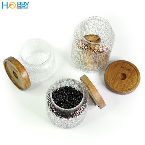 Hủ đựng gia vị thủy tinh nắp gỗ decor HOBBY Home Decor HTL1