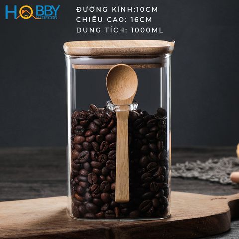 Hủ thủy tinh đựng hạt nắp gỗ có muỗng HOBBY Home Decor LTT1 nắp kín