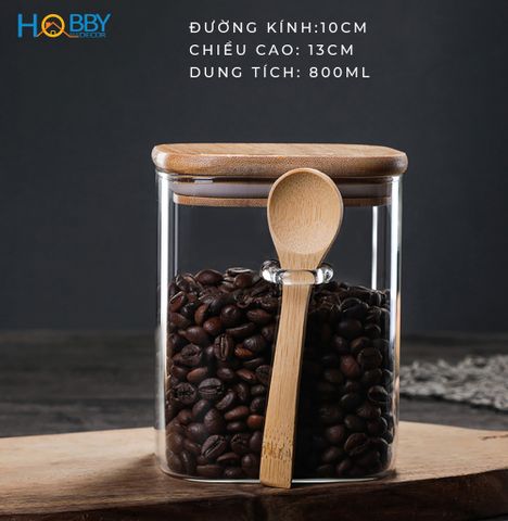 Hủ thủy tinh đựng hạt nắp gỗ có muỗng HOBBY Home Decor LTT1 nắp kín
