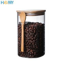 Hủ thủy tinh đựng hạt nắp gỗ có muỗng HOBBY Home Decor LTT1 nắp kín