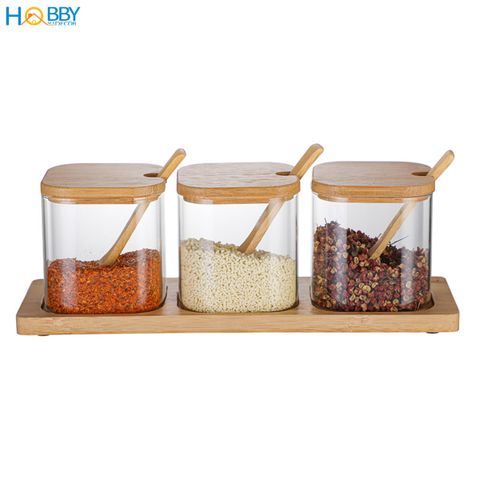 Combo 3 hũ thủy tinh nắp gỗ đựng gia vị Hobby home decor GVV1 có muỗng
