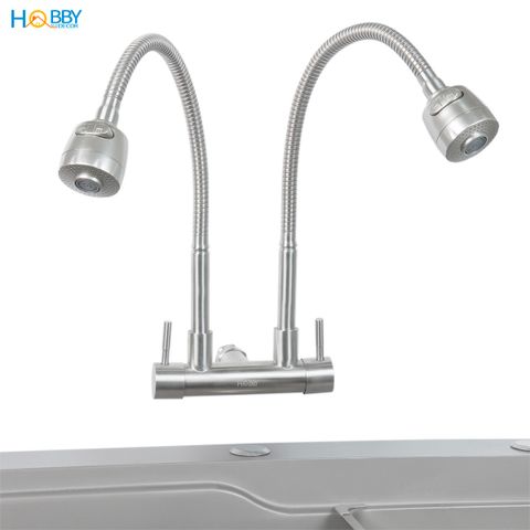 Vòi rửa chén gắn tường 2 đầu xả tăng áp inox 304 Hobby home decor G2T